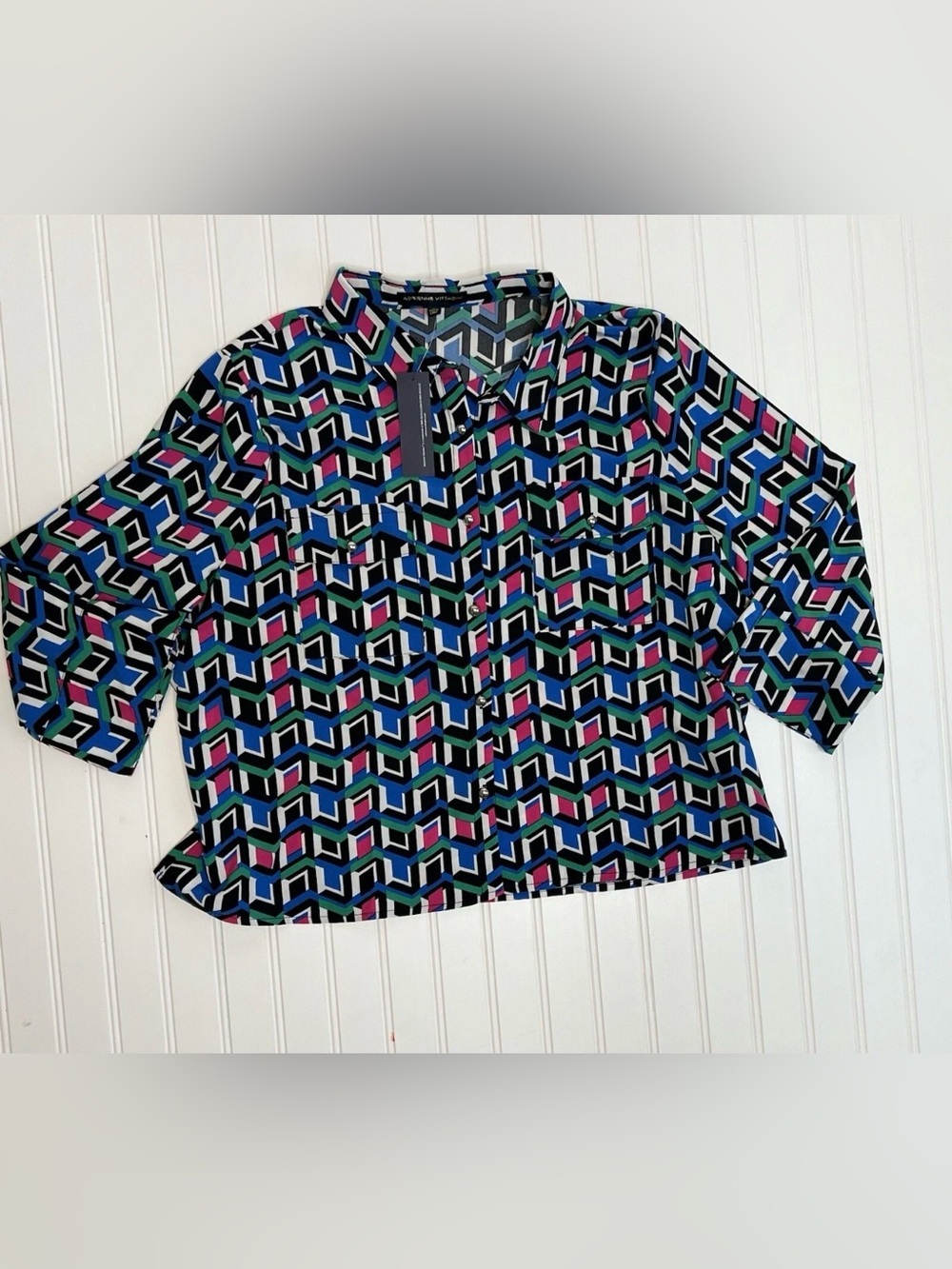 Adrienne Vittadini Blouse XL  Long Sleeve Top Geometric Button Front NEW. 1100
